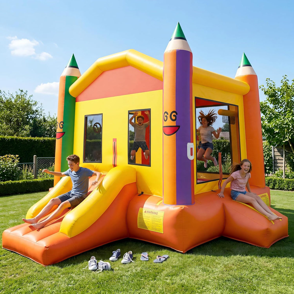 NBSPORT white bounce house with slide, ball pit and mesh walls