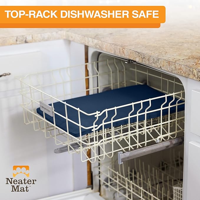 Neater Pet Brands Neater Mat Pet Mats for Food and Water, Cat & Dog Bowl Mat Waterproof Silicone, Feeding Tray, Dog Food Mats for Floors, Placemat w/Raised Edge for Under Bowls, 19” x 12”, Dark Blue