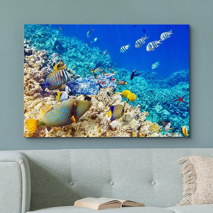 wall26 Canvas Print Wall Art Underwater Neon Blue Teal Ocean Water Fish Nature Animals Photography Realism Rustic Scenic Landscape Wilderness Earth for Living Room, Bedroom, Office - 16"x24"