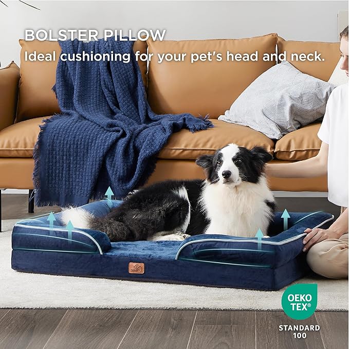 Bedsure L Plus Orthopedic Dog Bed for Large Dogs - Washable Dog Cat Bed Waterproof, L Plus Big Comfort Dogs Couch Sofa with Washable Removable Cover, Pet Bed with Nonskid Bottom, Blue Navy, 38"