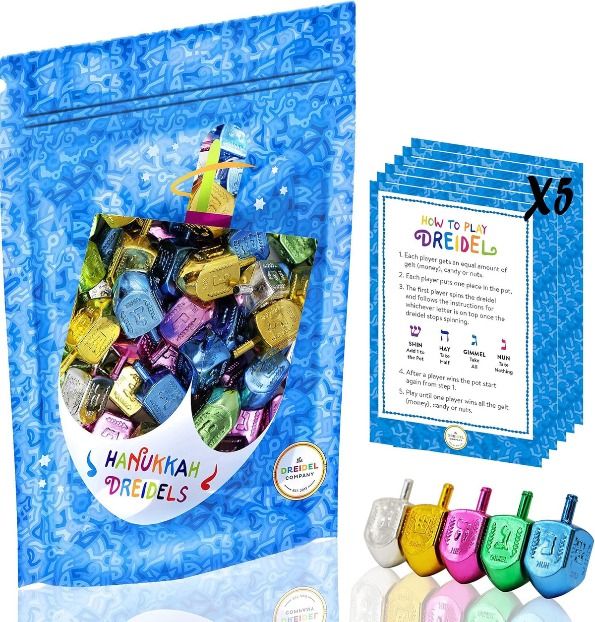 The Dreidel Company multicolored metallic plastic Hanukkah dreidels with English transliteration - view 2