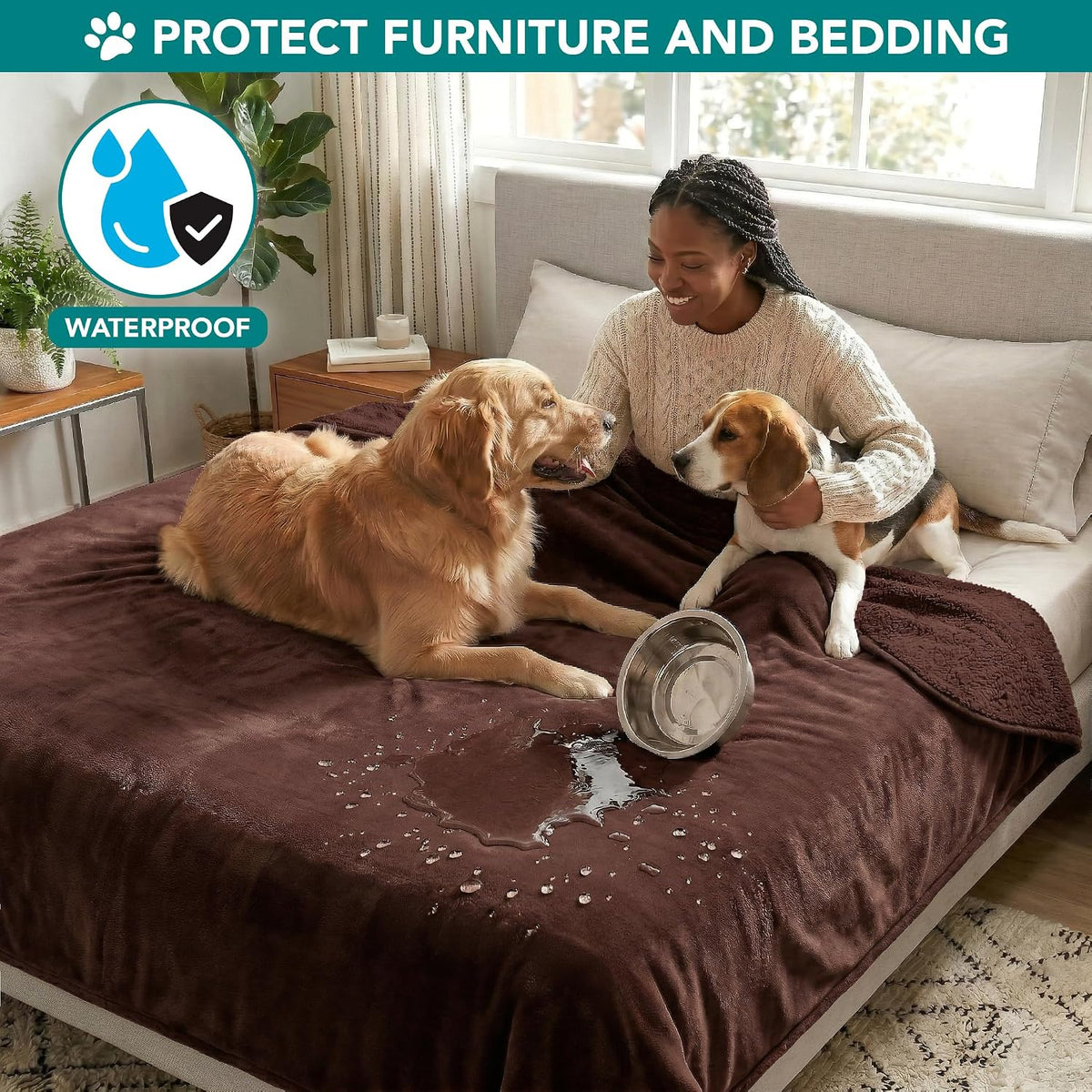 PetAmi Waterproof Dog Blanket Puppy Couch Bed Cover Queen 90x90 - Brown / Queen (90x90) - image 2