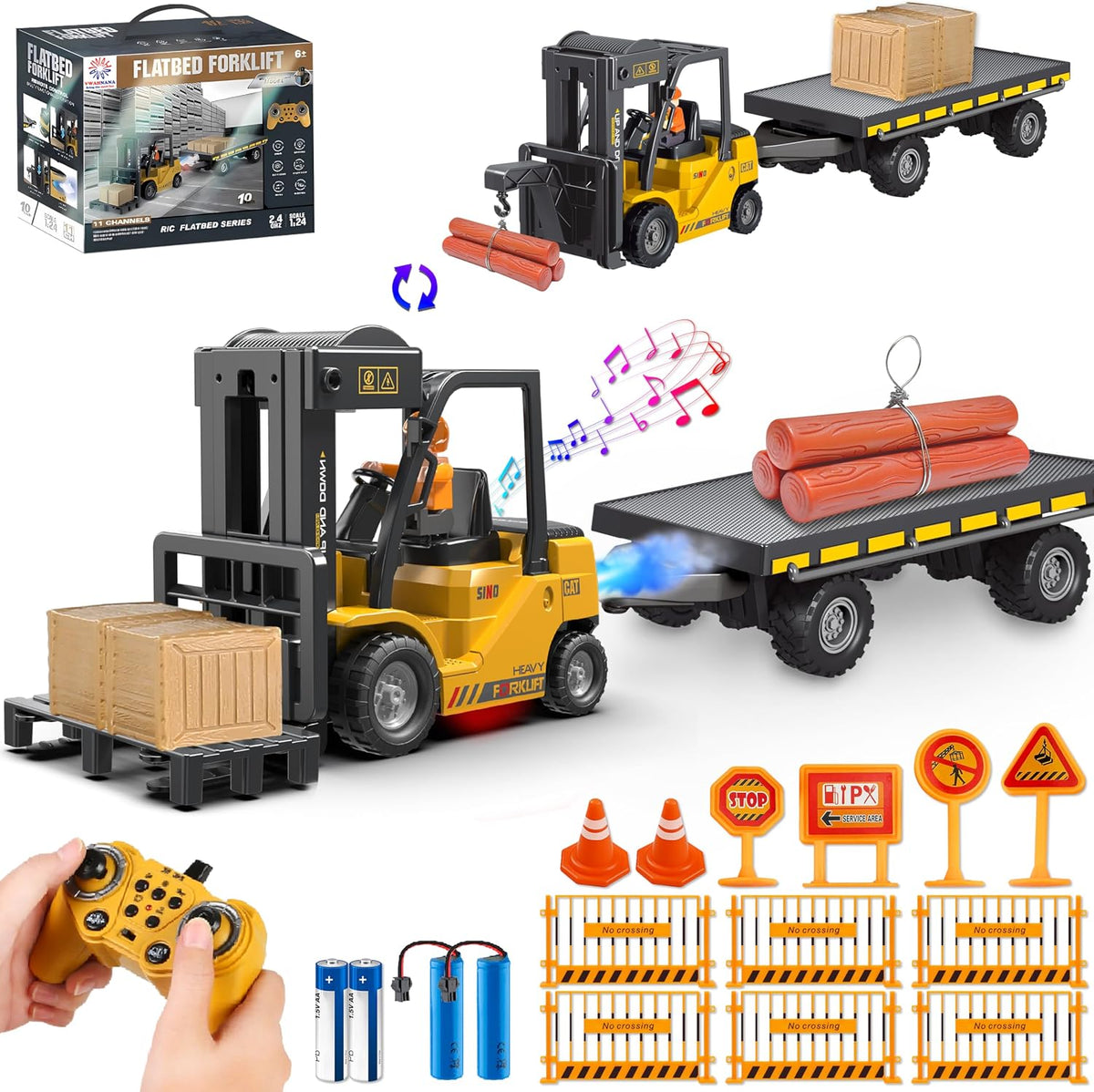 1:24 RC Forklift Toy for Kids - Yellow / 1:24 Scale with Trailer (18.5×4×6.3 inch)