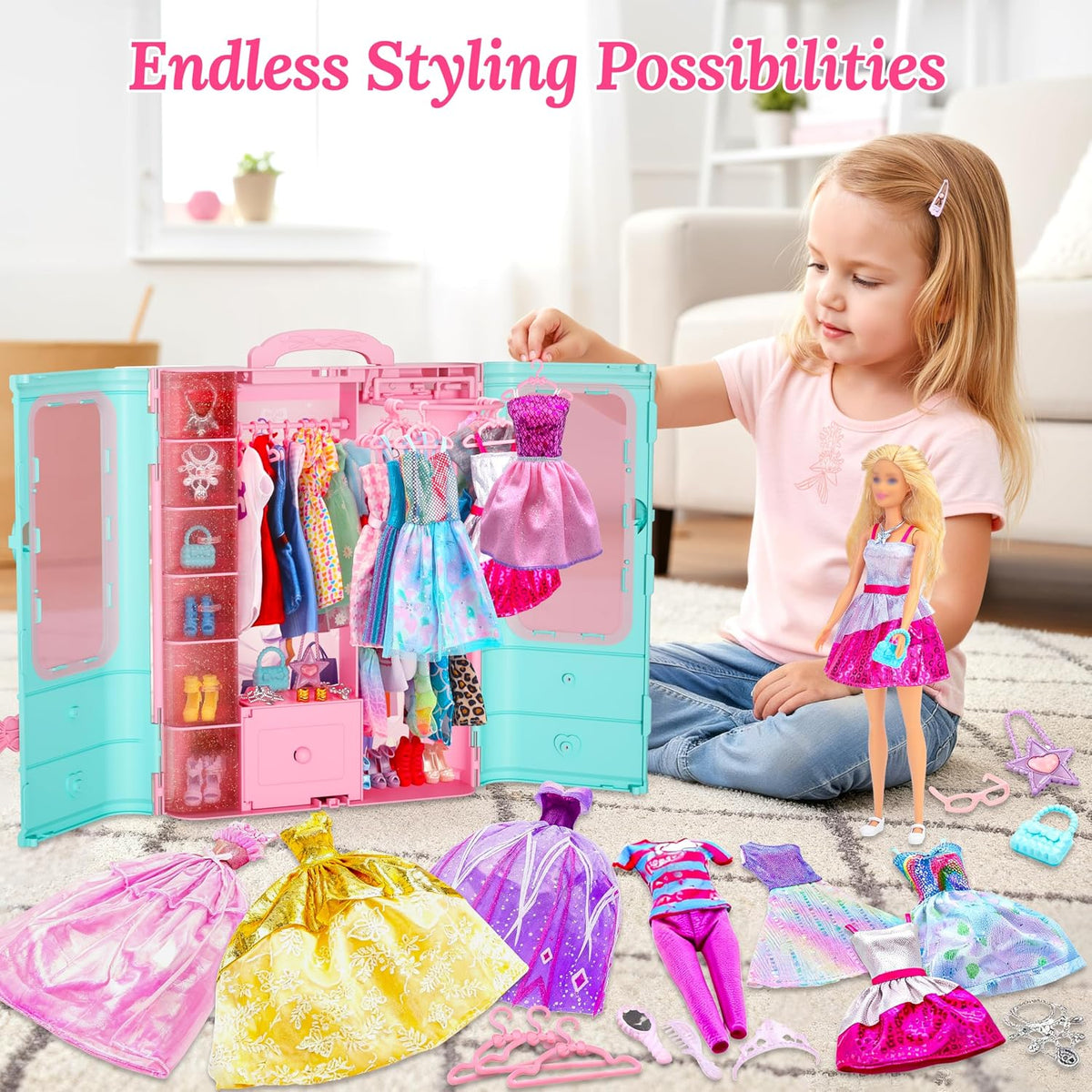 Style Shine 100 Pcs Doll Clothes & Accessories Toy for 11.5 Inch Doll – Fun for Kids & Family - M-Closet - image 4