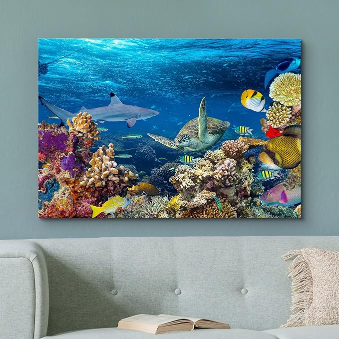 wall26 Canvas Print Wall Art Tropical Island Underwater Turtle Shark Nature Animals Photography Realism Rustic Scenic Landscape Wilderness Earth Colorful for Living Room, Bedroom, Office - 24"x36"