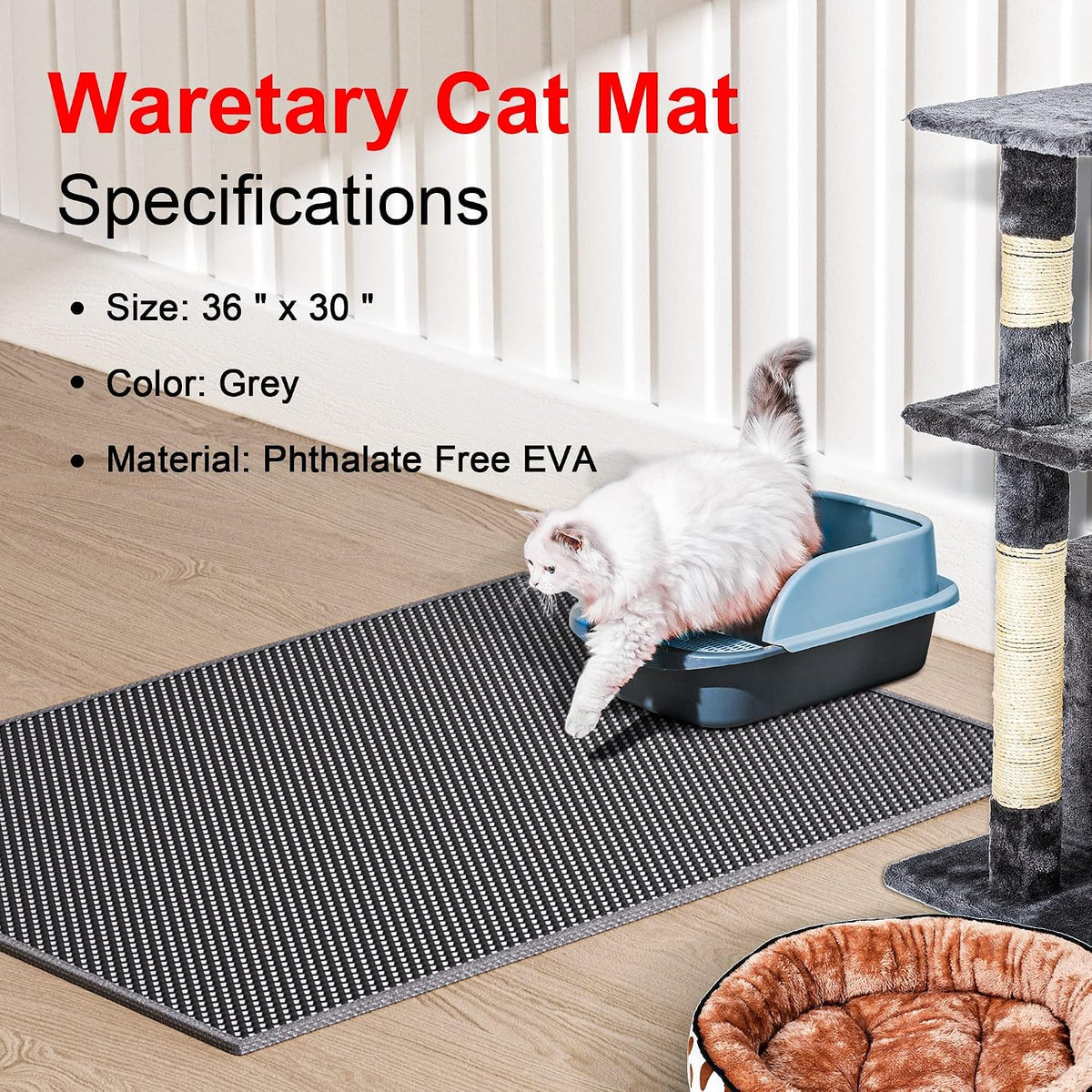 Waretary Cat Litter Mat, 36"x30", Waterproof, Scatter Control - Grey / 36"x 30" - image 2