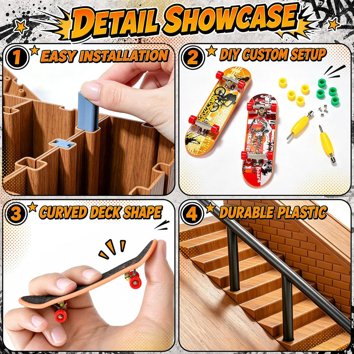CS COSDDI 14in1 Finger Skateboard Park Set for Kids 8 Skateboards - Dark Brown - image 2