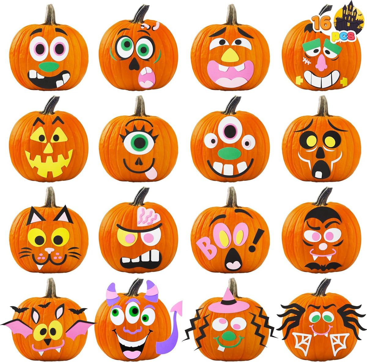 JOYIN Halloween pumpkin decorating stickers, 16 foam face kits including witch, bat and ghost