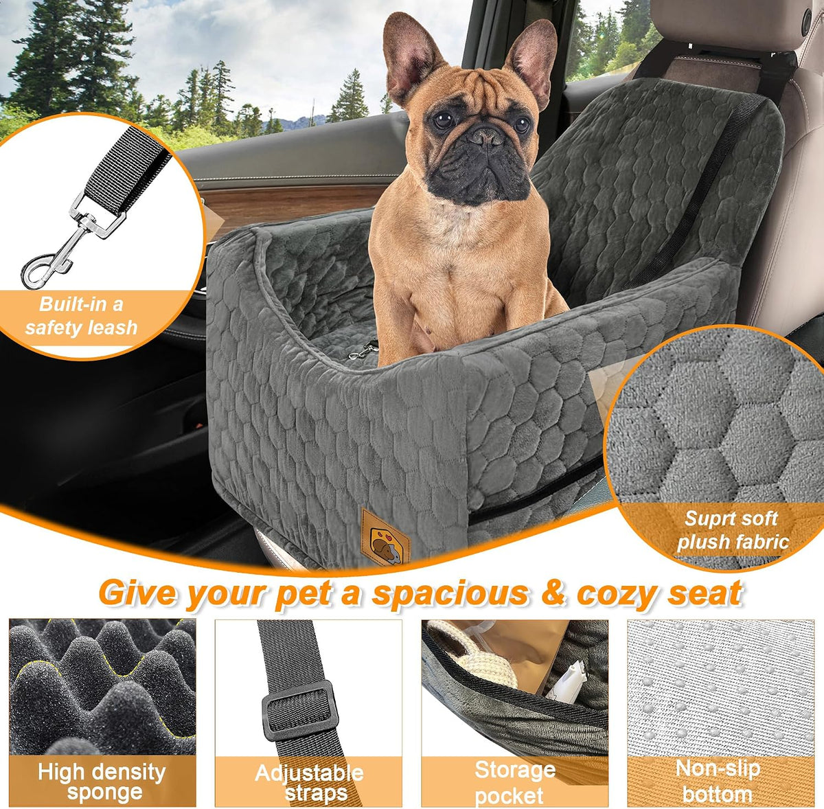 Dog Car Seat for Small/Medium Dogs, Memory Foam Dog Booster Seat - Gray / Medium - image 3