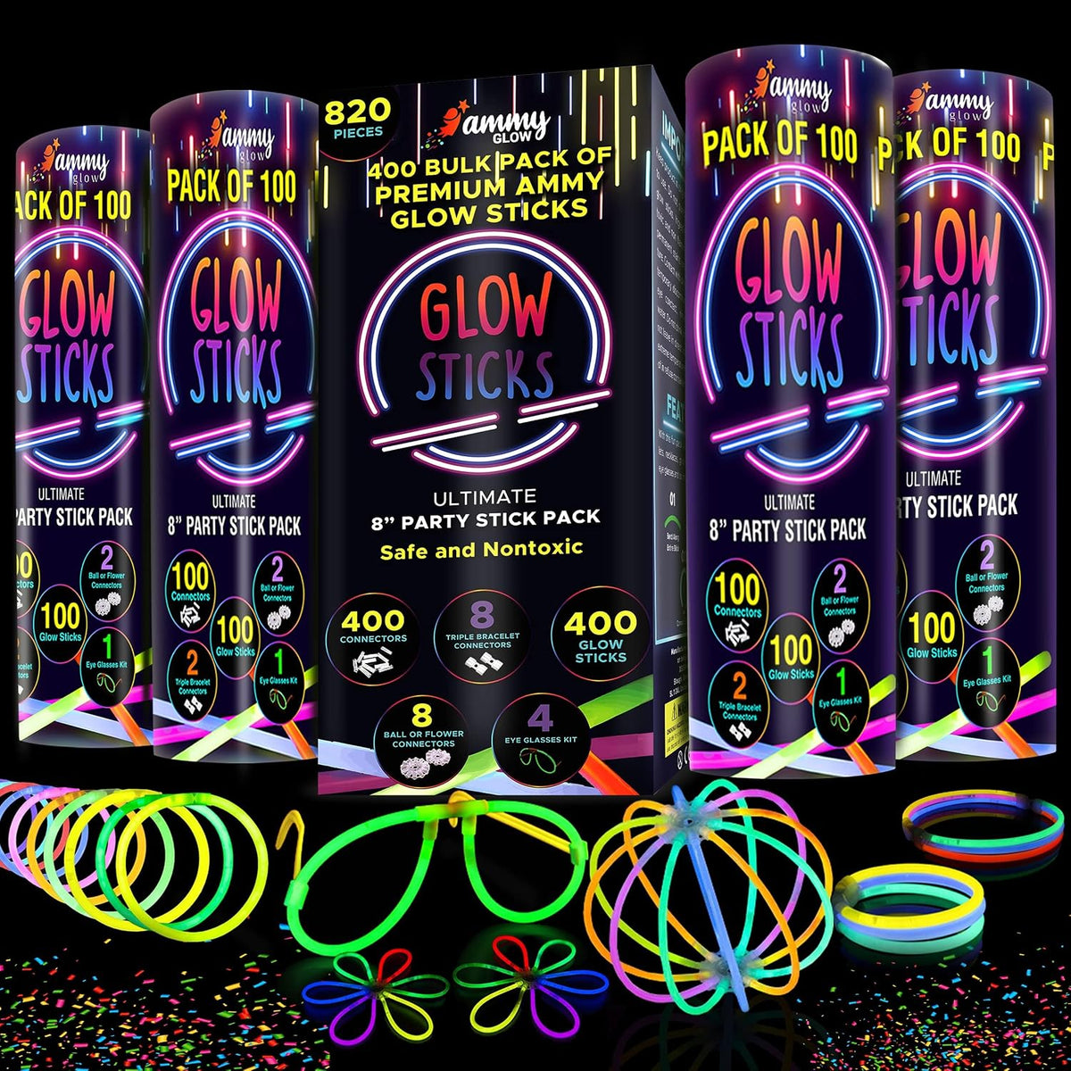Ammy Glow Sticks Bulk Party Pack-100 Pack Glow Sticks - 400 Pack