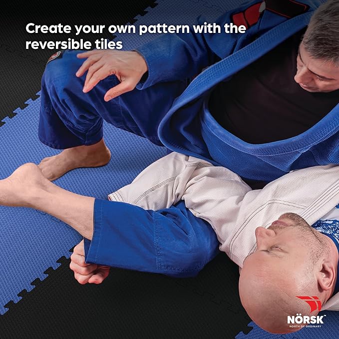 Norsk Reversible Gym Exercise Mats 3/4" Thick EVA Interlocking Foam Tiles, Perfect Home Gym Flooring, 32 Tiles & 64 Trim Pieces, 128 Sq. Ft. Reversible, Dazzling Blue/Black