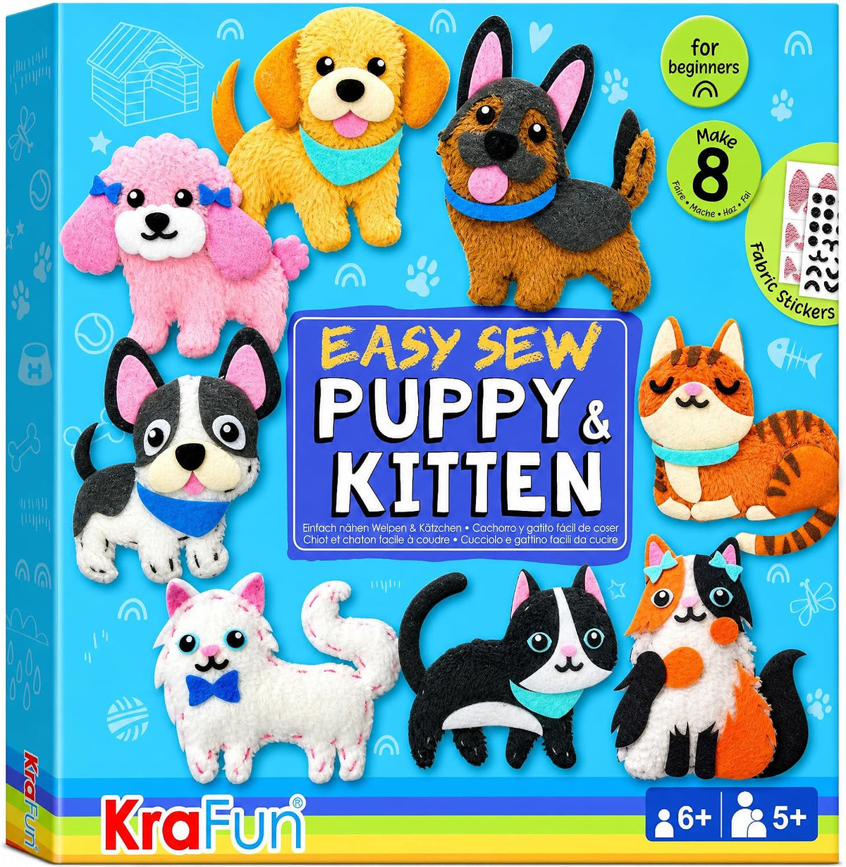 KRAFUN Fairy Tales Sewing Kit for Kids Ages 5-10, 8 Projects - Puppy & Kitten