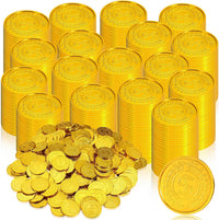 Hanaive plastic pirate gold coins in a pile, 1.38 inch coins with dollar sign design - view 4