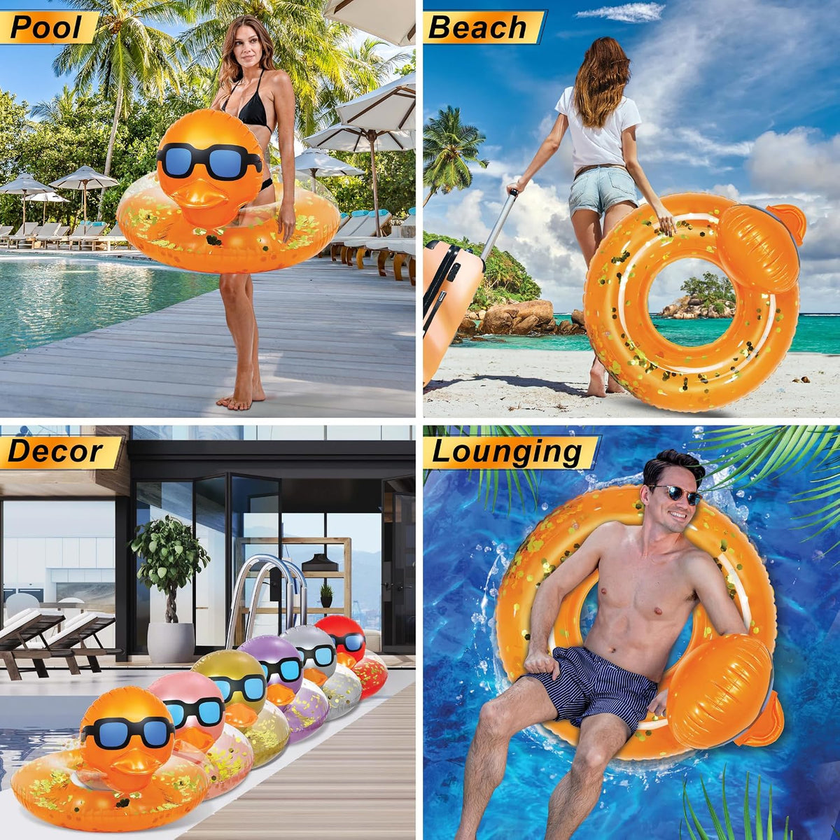 POZA inflatable duck pool float tube with gold confetti, sunglasses and orange beak - view 32