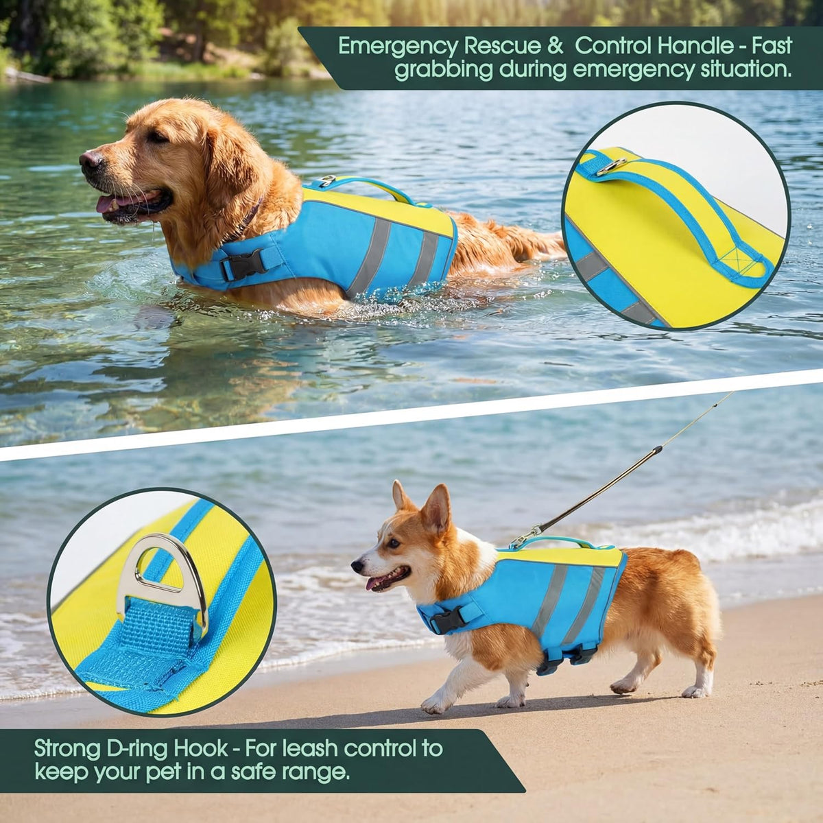 Kuoser Dog Life Jacket with Rescue Handle - Medium (Chest Girth:20.5-25.2'') / Ocean Blue - image 4
