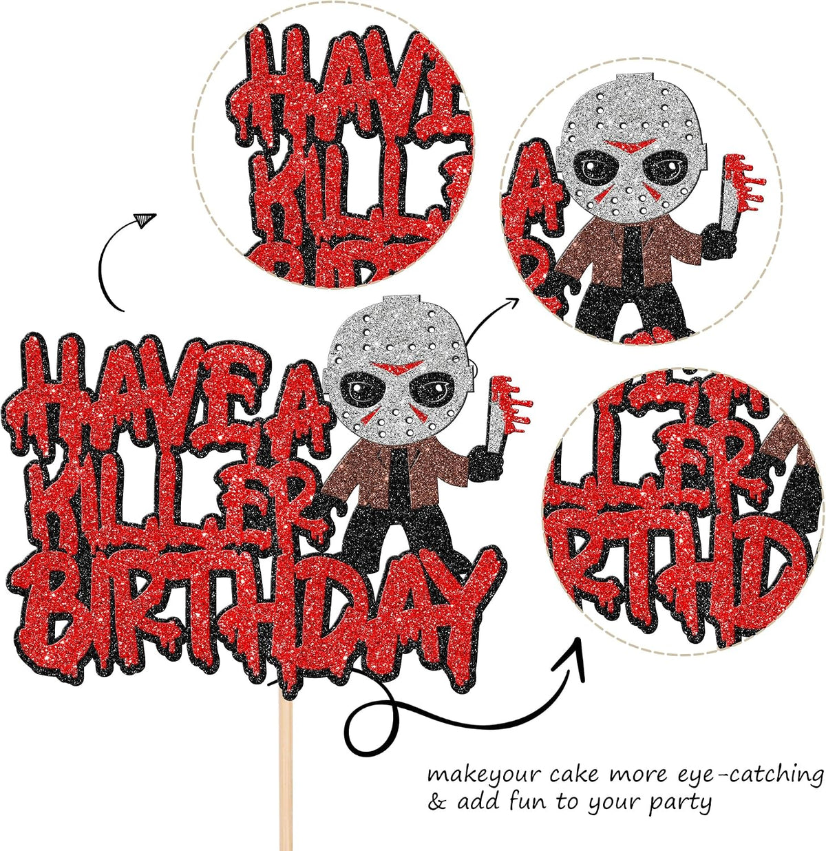 Zhuoweism Halloween horror Happy Birthday glitter cake topper on bamboo stick - view 30