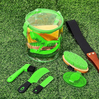 9 Pieces Horse Grooming Kit Tack Room Supplies Set with Organizer Tote Bag, Oval Massage Curry, Hard and Soft Brush, Hoof Pick, Sweat Scraper, Bathing Sponge, Combs for Horse Riders Beginners (Green)