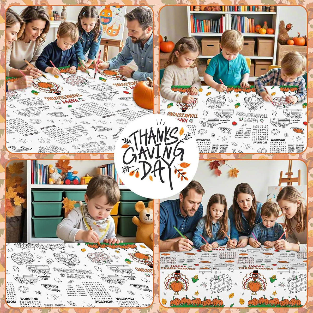 Litmitfu Thanksgiving coloring paper tablecloth with turkeys, pumpkins and games - view 3