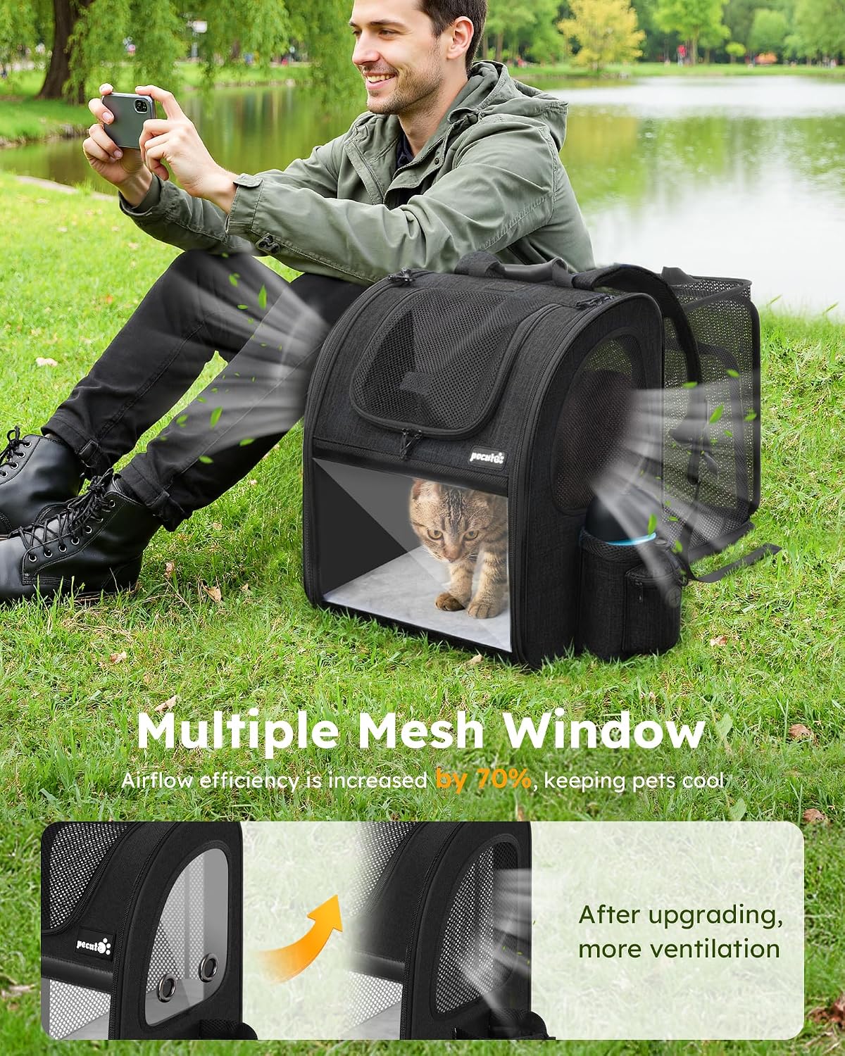 pecute Cat Backpack Expandable - Black / 12.6"L x 10.2"W x 16.5"H / Acrylic Window - image 4