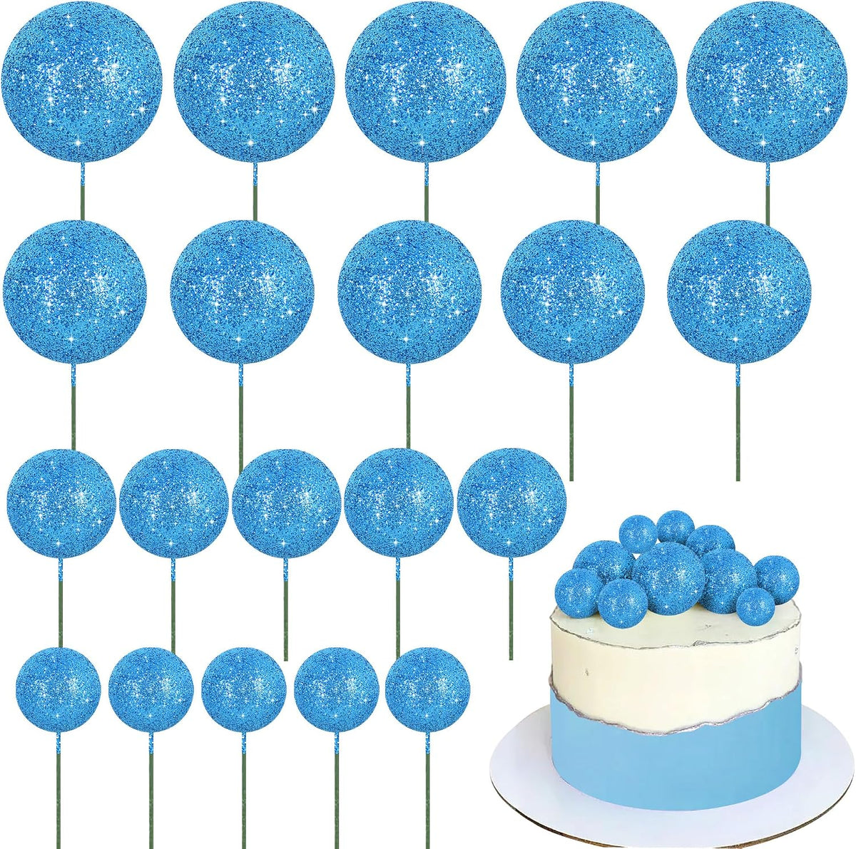 BEISHIDA 20 PCS Gold Mini Ball Cake Toppers Foam Cake Balls - Glitter-royal Blue