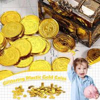 Hanaive plastic pirate gold coins in a pile, 1.38 inch coins with dollar sign design - view 12