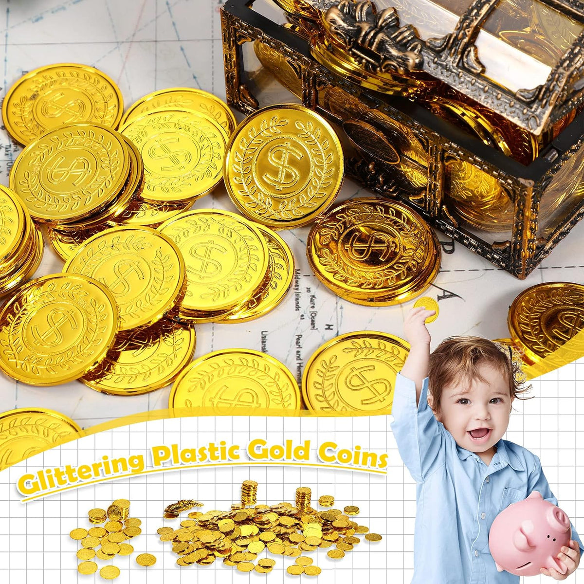 Hanaive plastic pirate gold coins in a pile, 1.38 inch coins with dollar sign design - view 12