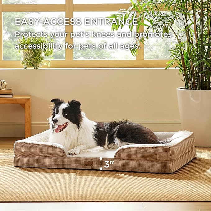 Bedsure Orthopedic Dog Beds Large Sized Dog - Washable Large Dog Cat Bed Waterproof, Comfort Dogs Couch Sofa with Washable Removable Cover, Pet Bed with Nonskid Bottom, Plaid-Brown, 35"