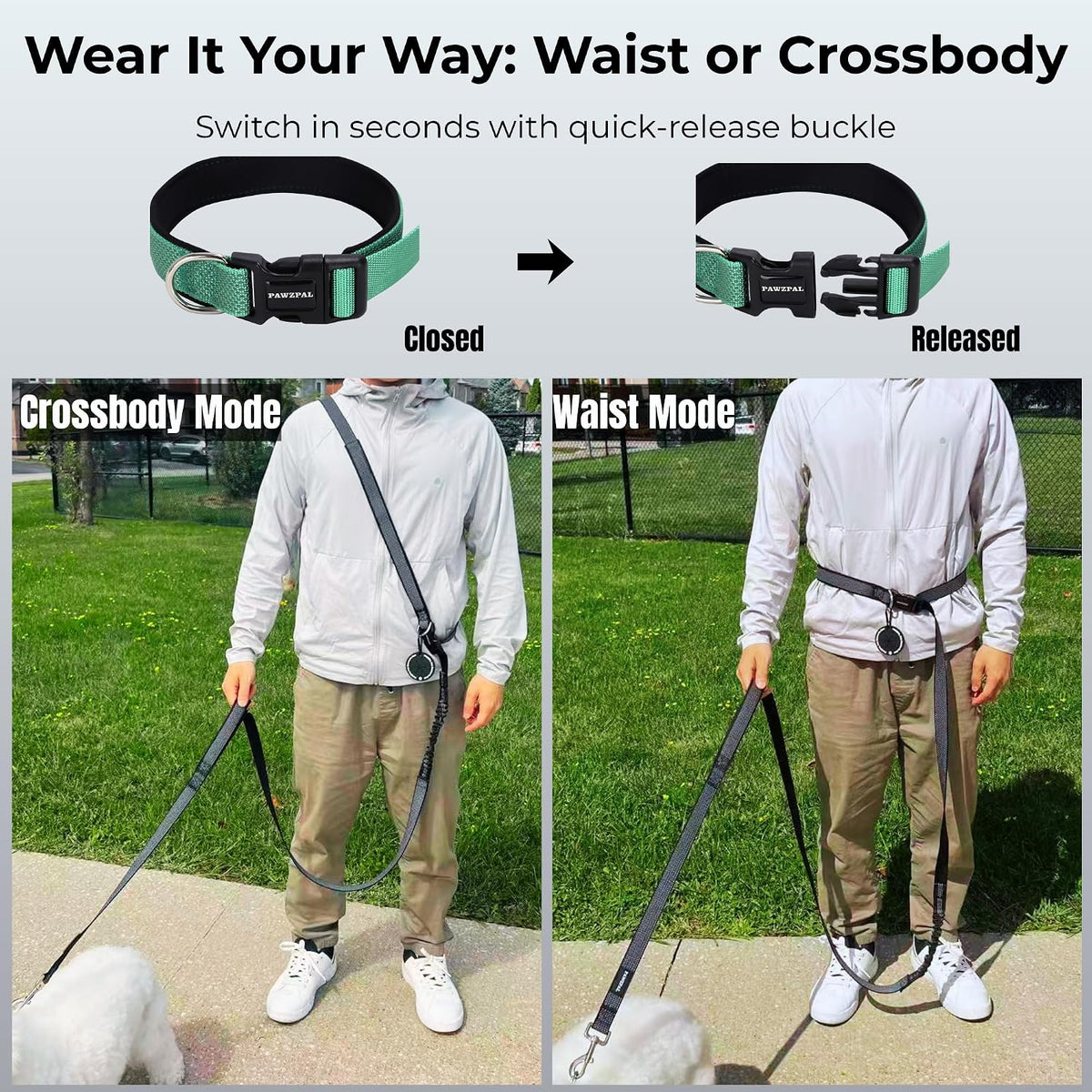 Hands Free Dog Leash, Waist & Crossbody 2-in-1 for Jogging & Hiking – Essentials for Dogs - Spring Green / Medium (6–8FT) - image 2