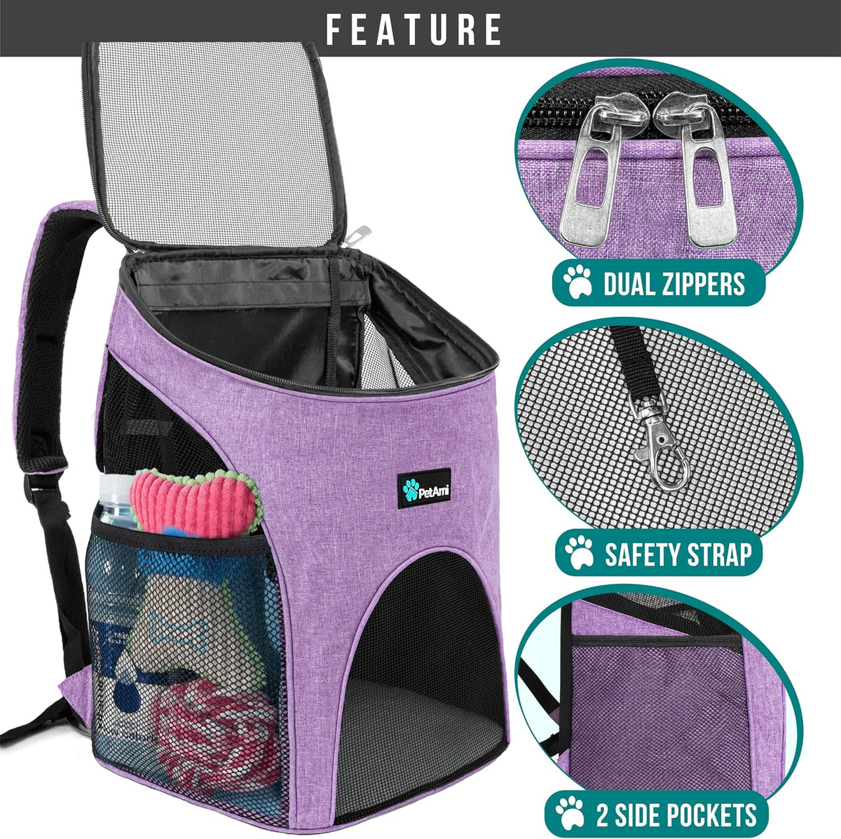 PetAmi Cat Backpack Carrier for Small Dogs and Large Cats - Heather Purple - image 3