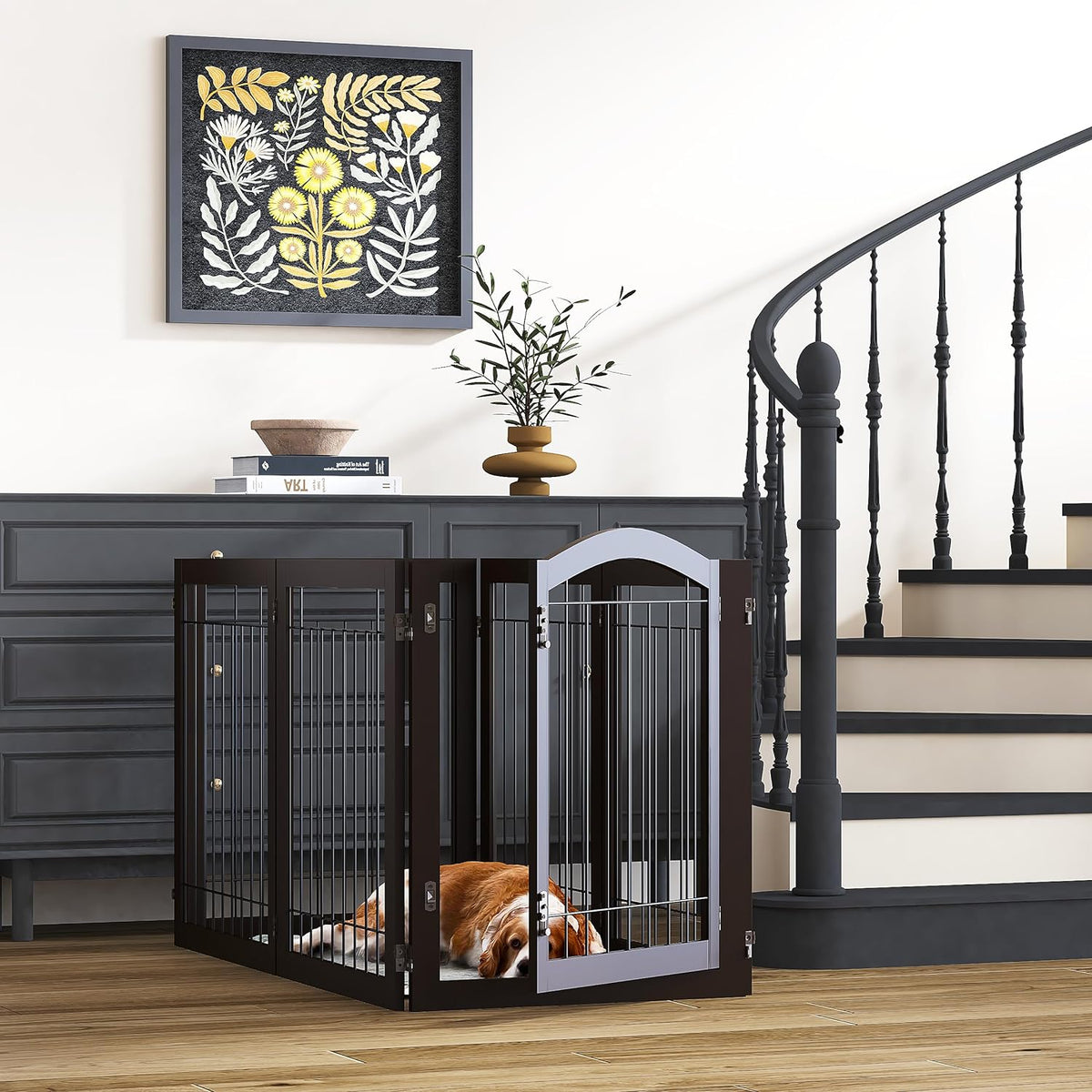 PAWLAND Dog Gate Indoor with Door, Freestanding, Foldable - Espresso / 【6 Panels with Door】144"W x 32"H - image 4