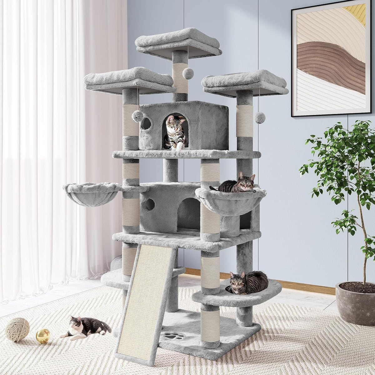 Allewie 68 Inches Cat Tree/House and Towers for Big Feline/Scratching - 68 in / Light Grey