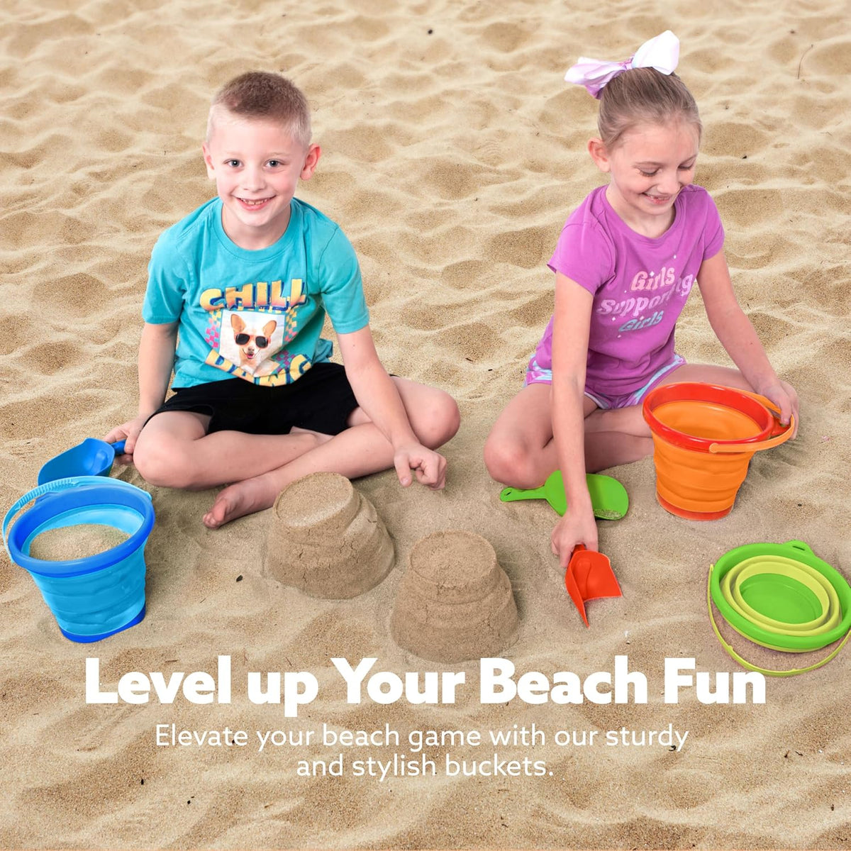 JOYIN Foldable Beach Bucket Set, Camping Gear, Travelling - Orange/Blue/Green - image 3