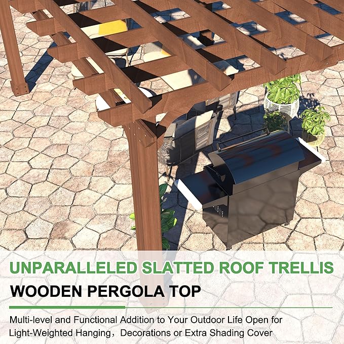 MUPATER 10×10 FT Wooden Pergola with Roof, Wood Pergola Kit with Stakes, Outdoor Shelter Structure for Climbing Plant Support, All-Season Durability, Shade for Patio, Backyard, Deck, Lawn