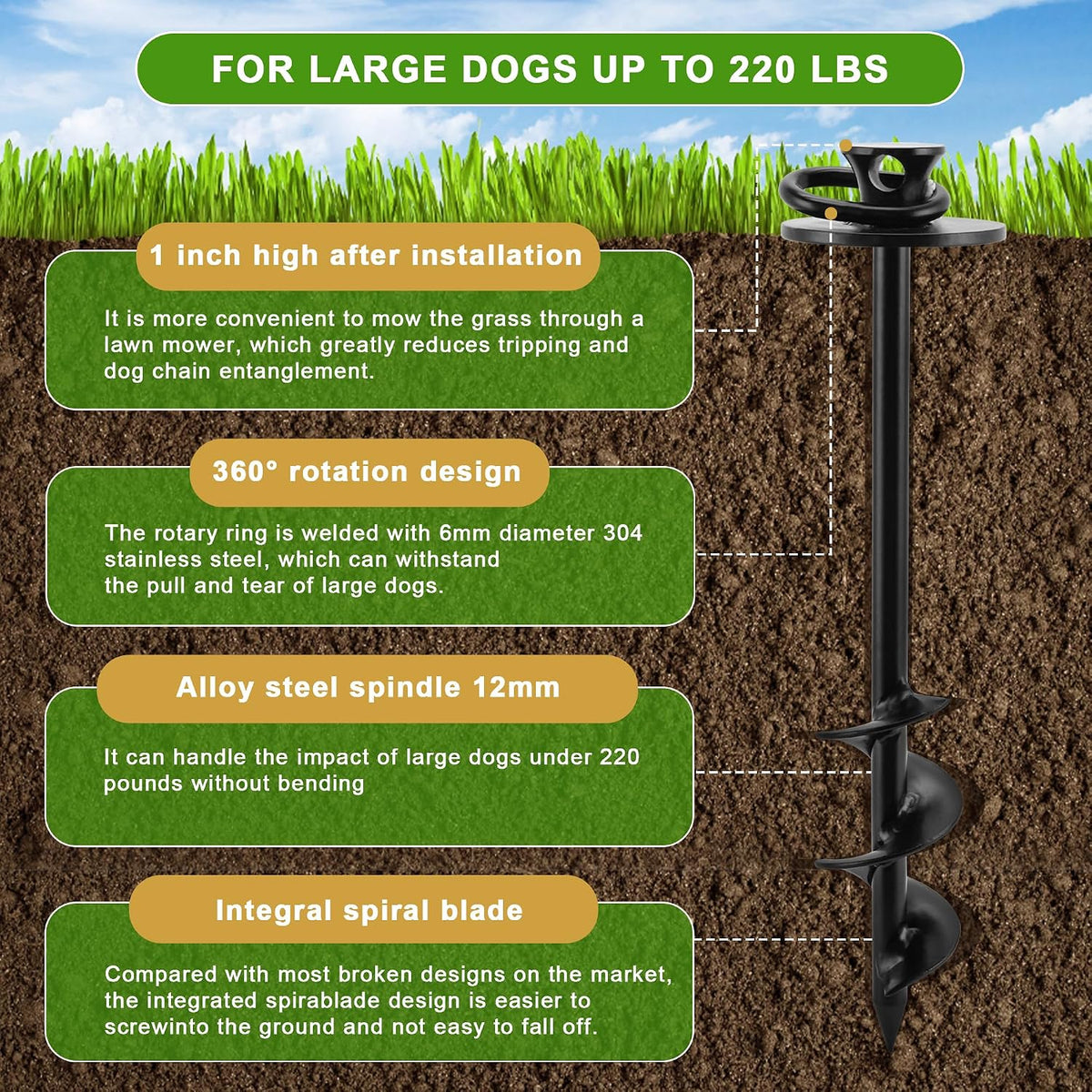 iklekione Dog Tie Out Stake, 360° Swivel -No Tangl - 14 ft Cable + Round head Stake - image 4