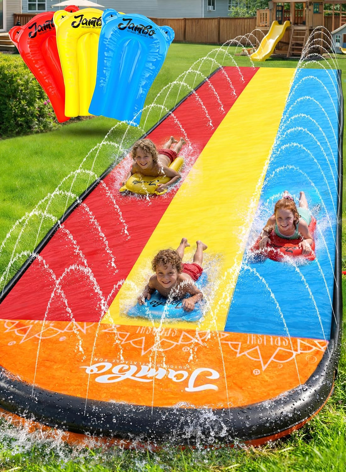 JAMBO Premium Triple Water Slide with 3 Bodyboards - 16ft Triple Lane Multicolor