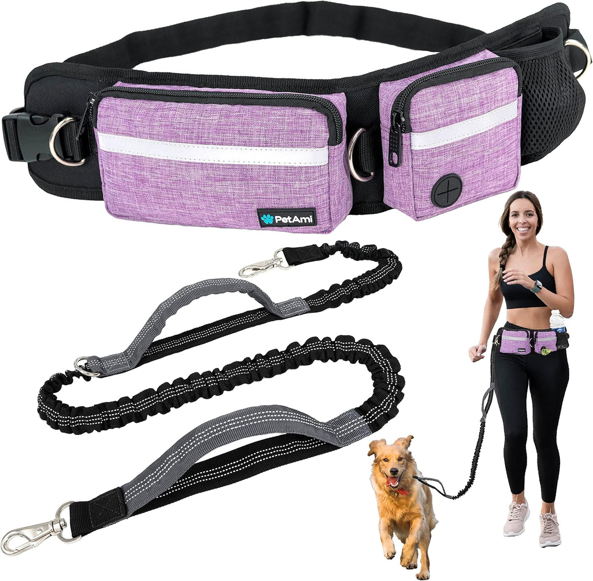 PetAmi Hands Free Dog Leash with Waist Running Belt Bag, Single – Essentials for Dogs - 1 Leash / Purple