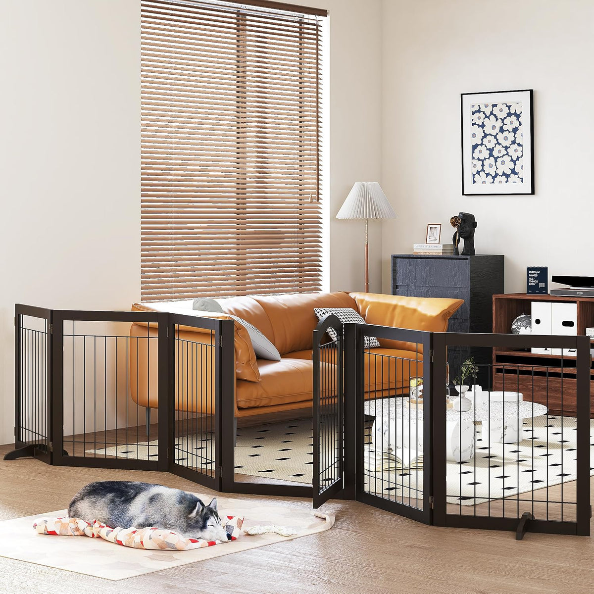 PAWLAND Dog Gate Indoor with Door, Freestanding, Foldable - Espresso / 【6 Panels with Door】144"W x 32"H