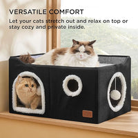 Bedsure Large Cat Beds for Indoor Cats - Extra Wide Cat Cube House for Small Pet with Fluffy Ball Hanging and Scratch Pad, Foldable Pet Cave Hideaway for Multiple Cats, 23.6x16.9x13 inches, Black