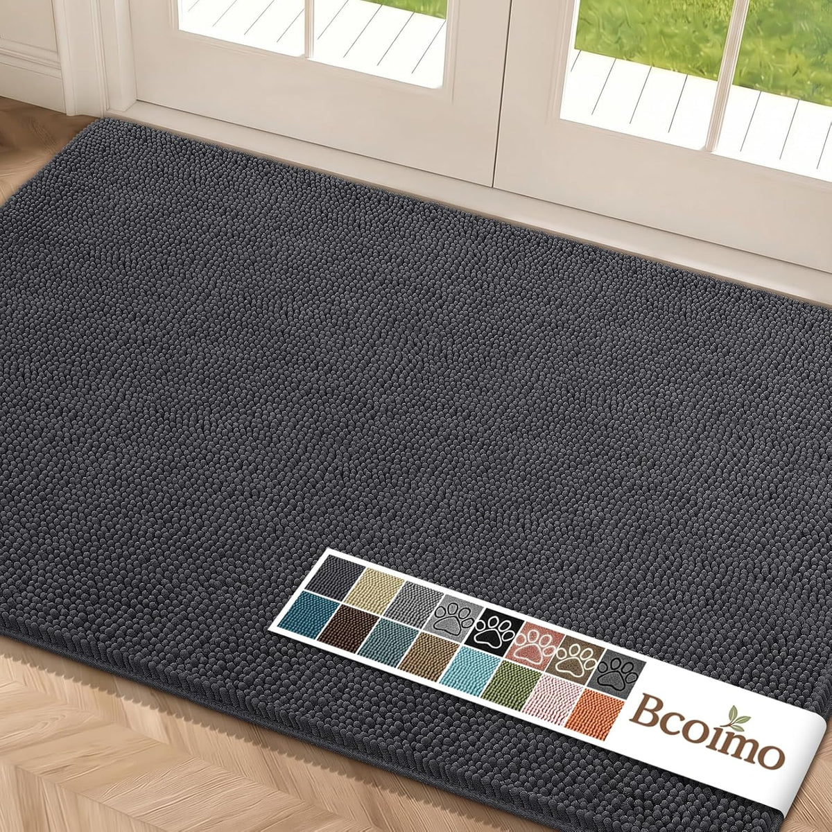 Absorbent high-pile chenille dog mat with textured TPR backing for door, crate or feeding station