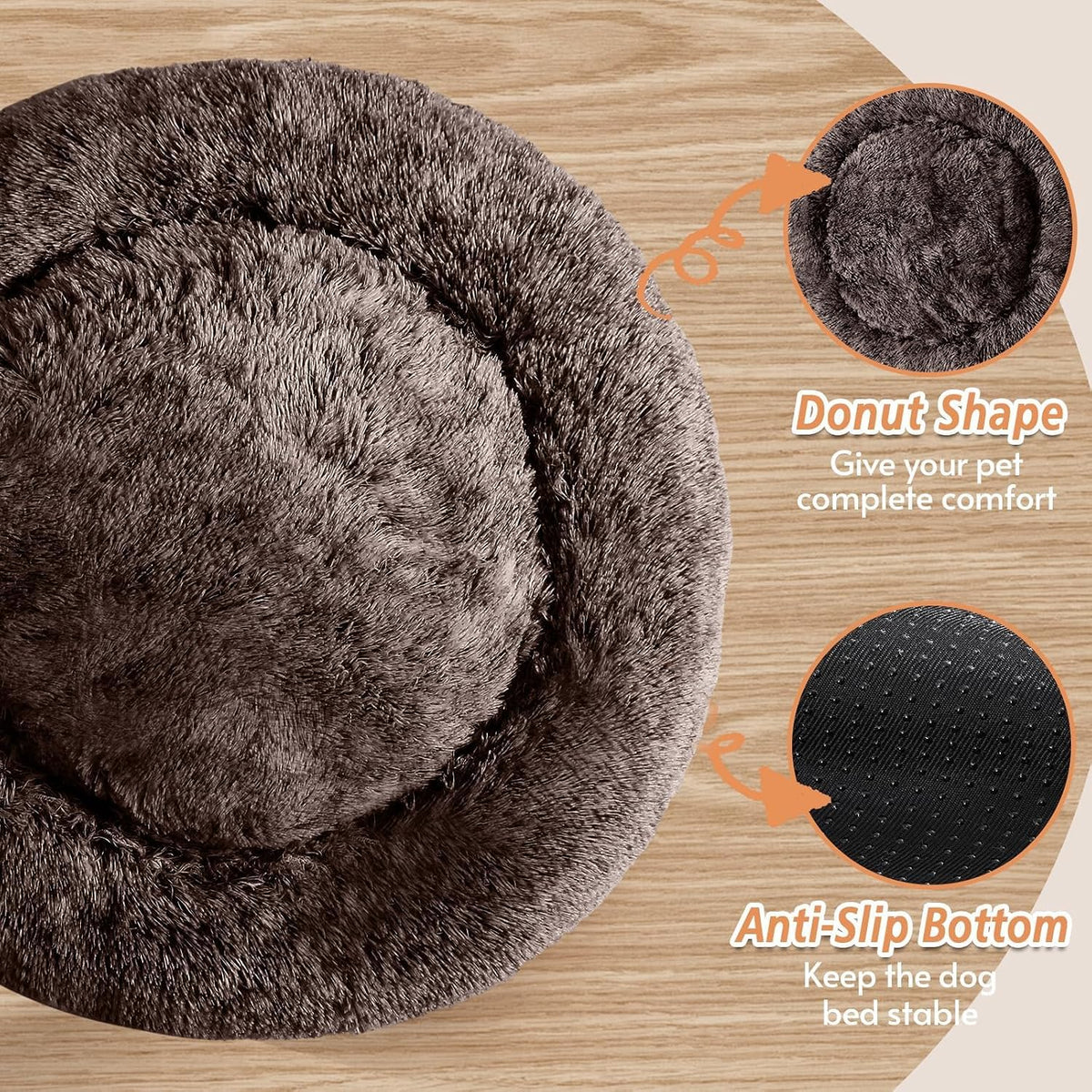 JOLLYVOGUE Small Dog Bed, Calming Dog Beds for Small Dogs & Indoor Cats - 20 Inches Donut Washable - Chocolate / 36.0"L x 36.0"W x 8.0"Th - image 3