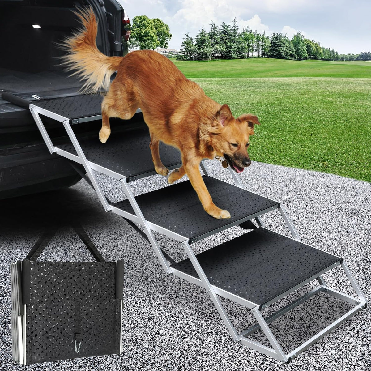 Folding Dog Stairs for Car, 16.9" Wide 4-Step Non-Slip Pet Steps – Essentials for Dogs - Black / 20In-4 Steps
