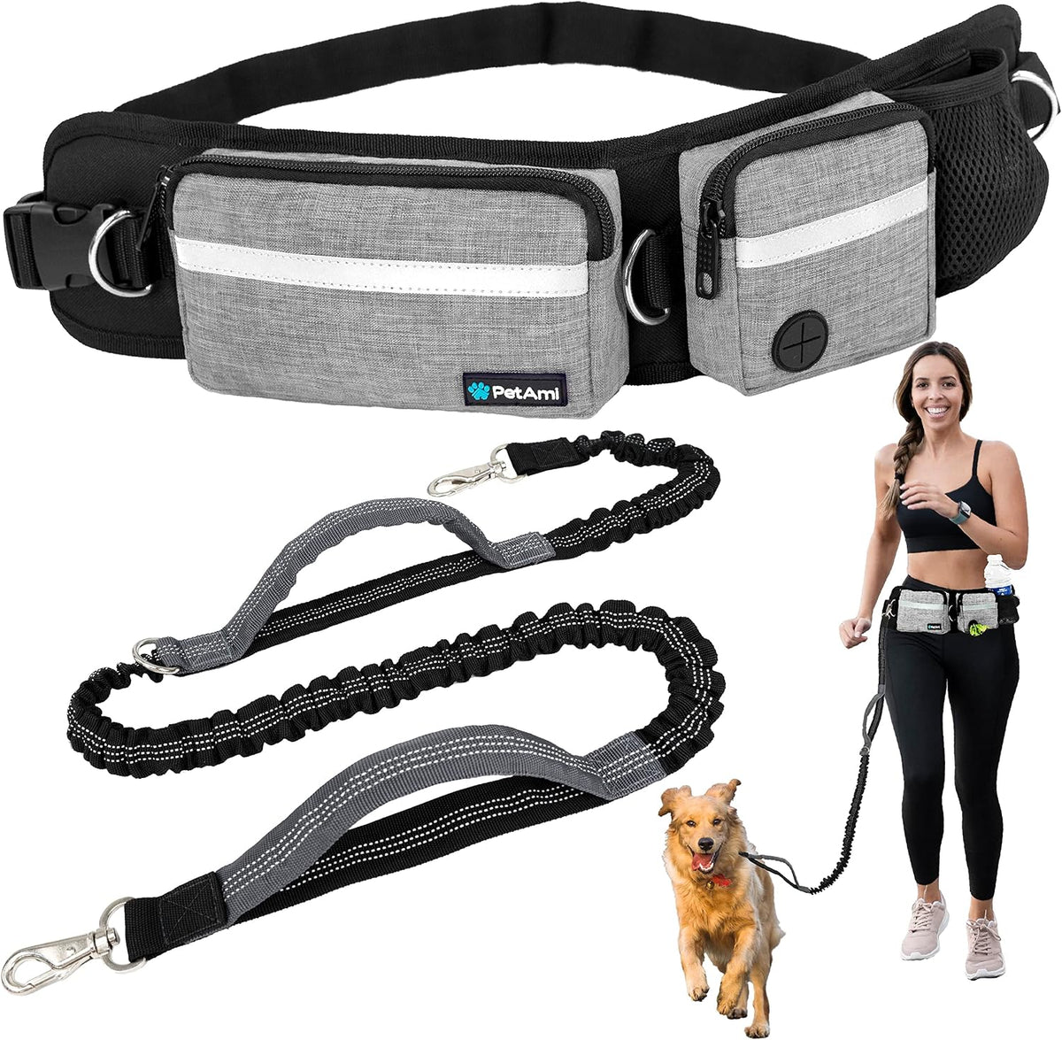 PetAmi Hands Free Dog Leash with Waist Running Belt Bag, Single – Essentials for Dogs - 1 Leash / Heather Grey