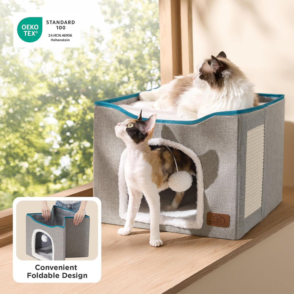 Bedsure Cat House Bed for Indoor Cats with Fluffy Ball and Scratch Pad - Blue / Single - image 4