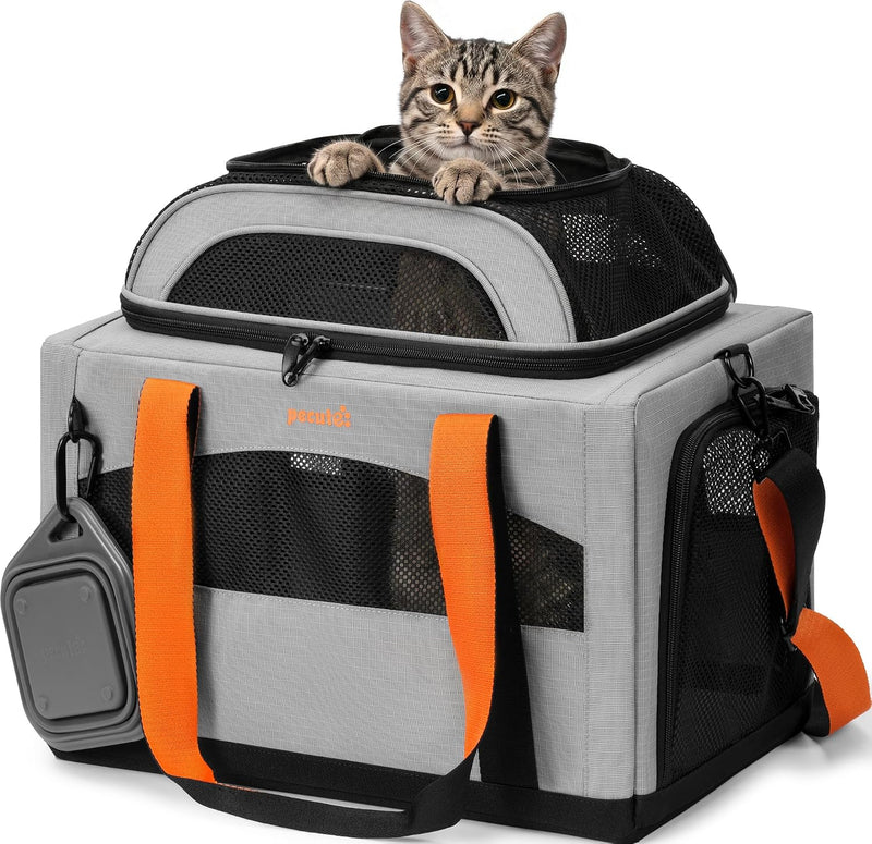Pecute Cat Carrier, Top Expandable Dog Crate for Travel - Grey