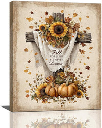 Christian Fall Wall Art Autumn Rustic Cross Sunflower Pumpkin Wall Decor Fall for Jesus He Never Leaves Pictures Painting Print Framed Artwork Decorations Gifts for Living Room Bedroom Prayer Room Office 16"x20"