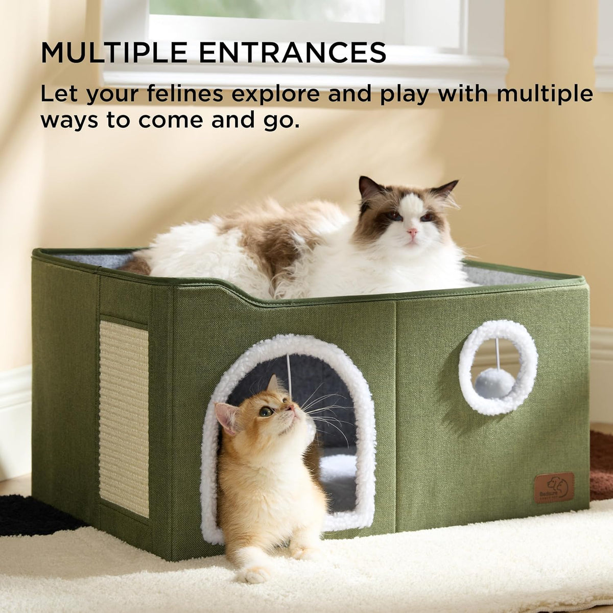 Bedsure Cat House Bed for Indoor Cats with Fluffy Ball and Scratch Pad - Loden Green / Widen - image 3