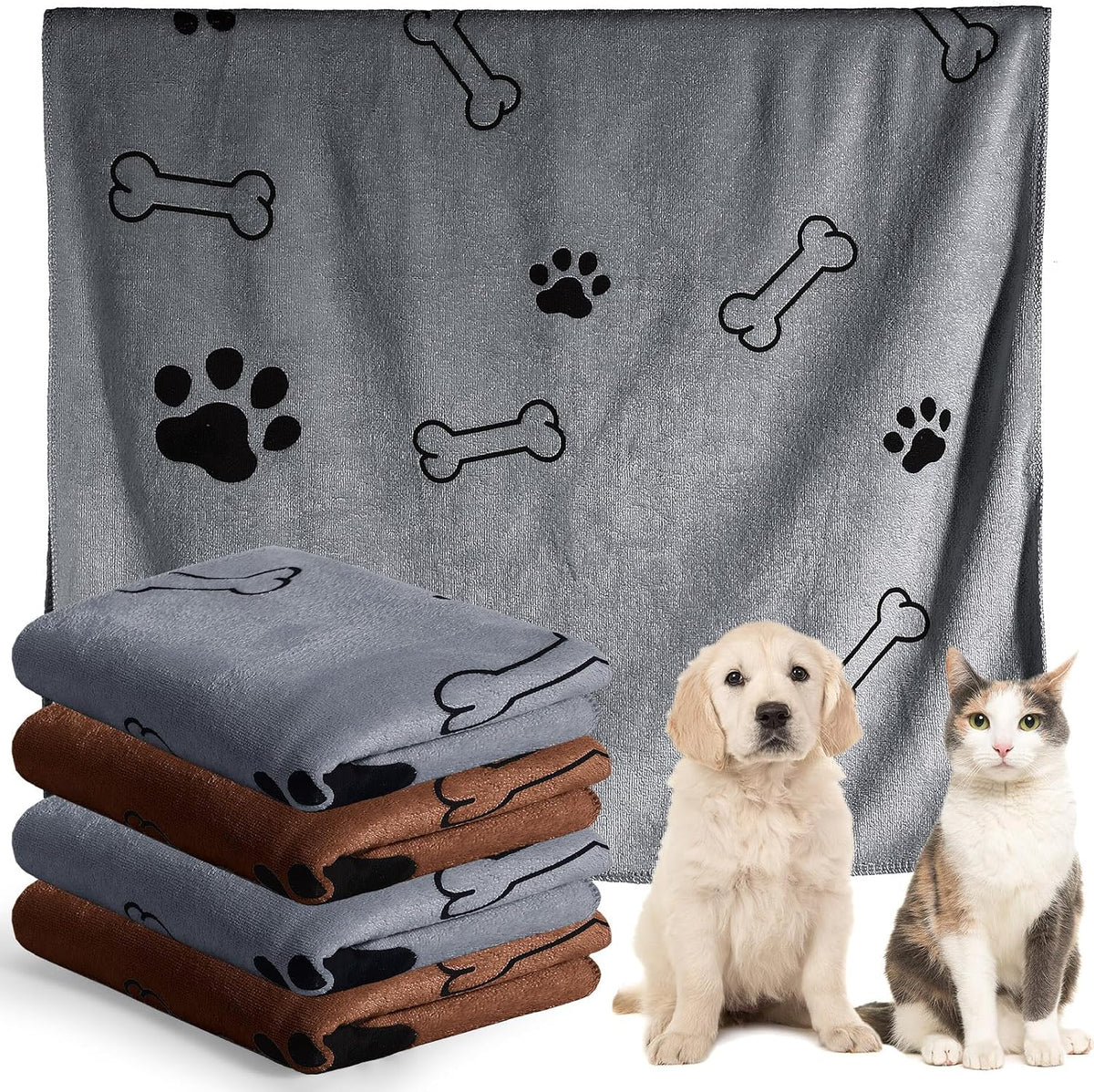 Chumia 4 Pcs Dog Towels for Drying Dog Puppy Bulk Microfiber - 24 x 40 Inch / Gray, Coffee