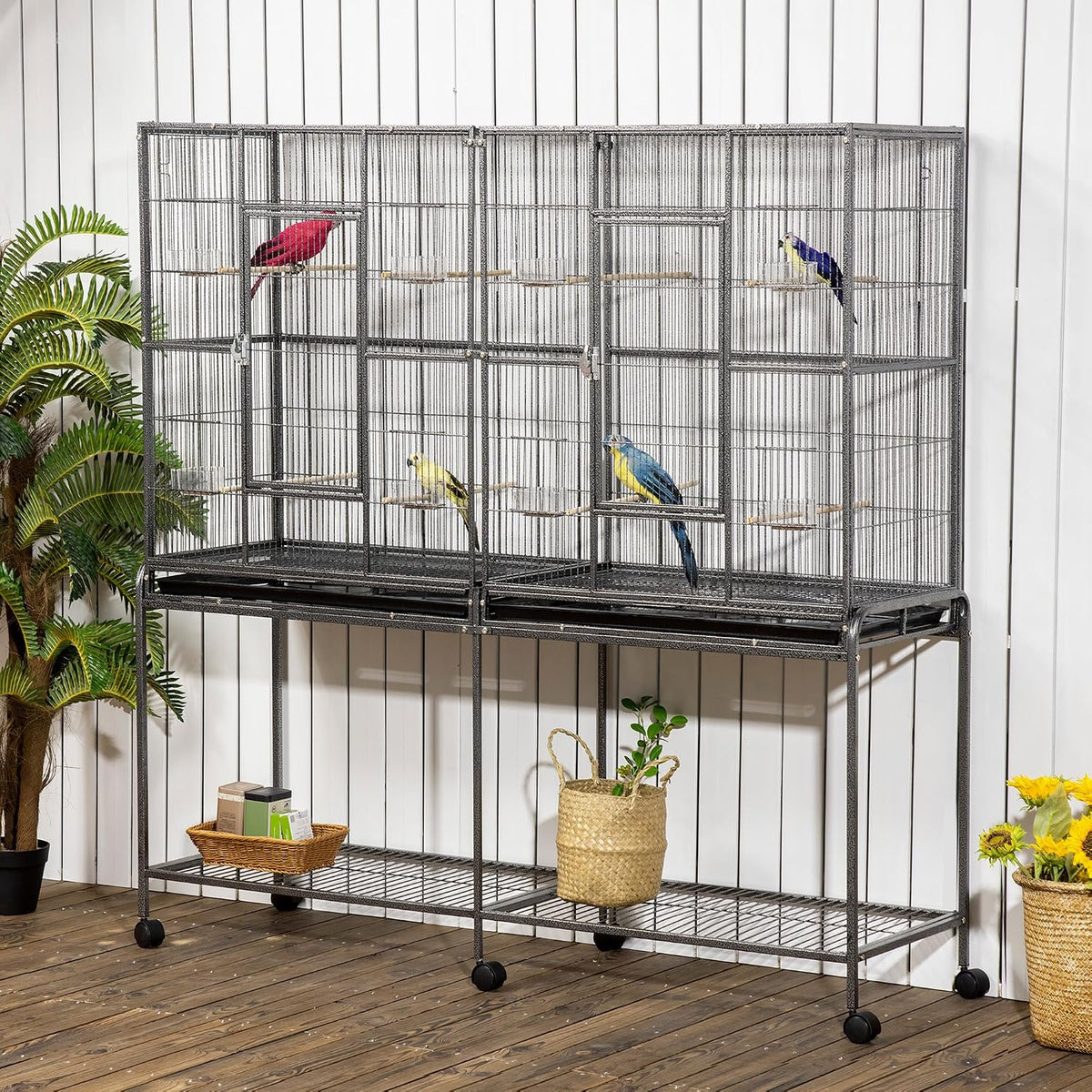 PawHut 65" Double Rolling Metal Bird Cage with Divider - image 2