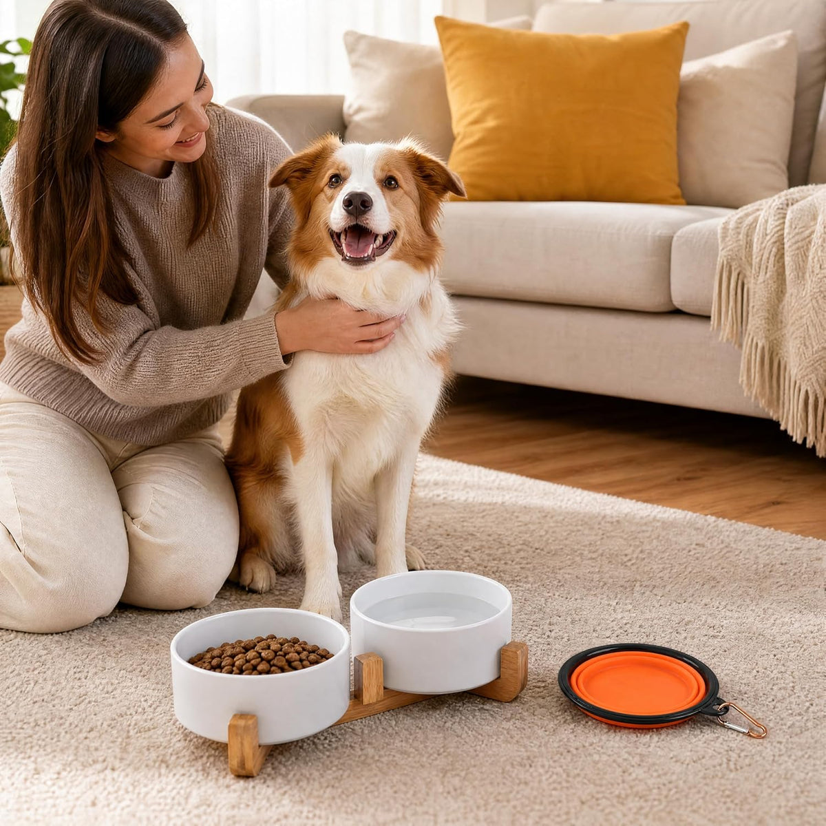 Ceramic Cat Dog Bowl Set with Stand - White / 400ML*2 - image 2