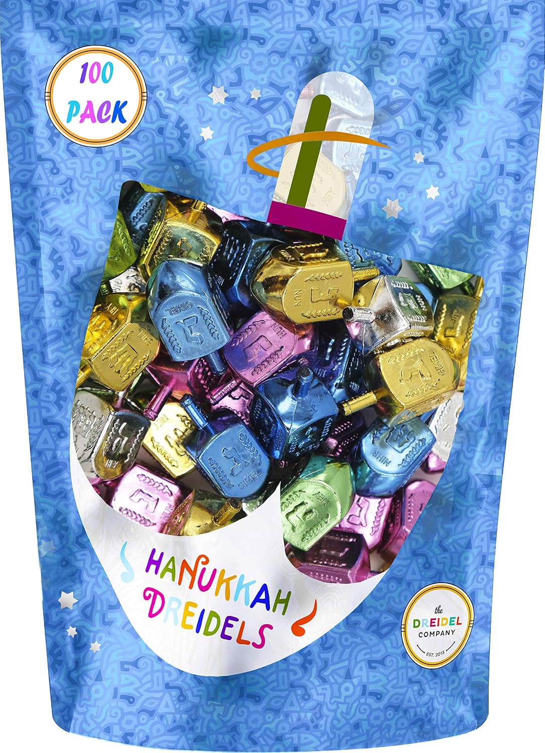 The Dreidel Company multicolored metallic plastic Hanukkah dreidels with English transliteration - view 5